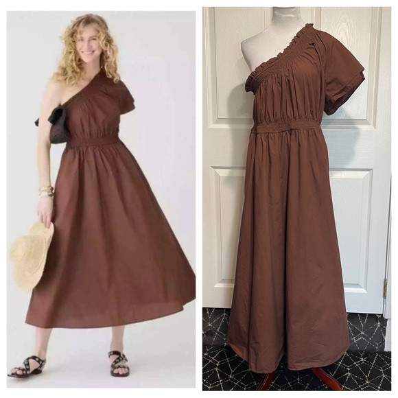 J. Crew Dresses & Skirts - J Crew Smocked one-shoulder dress in cotton poplin Roasted Cocoa Brown